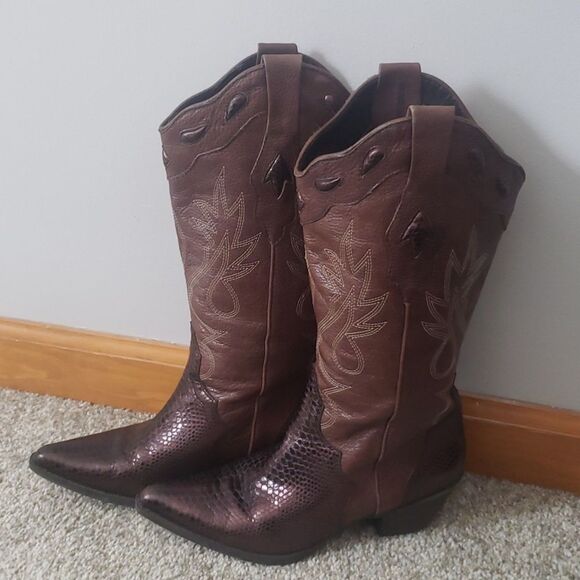 REBA Cowboy Boots sz 6.5 Stitched Brown Bronze Snakeskin Leather - Picture 1 of 11